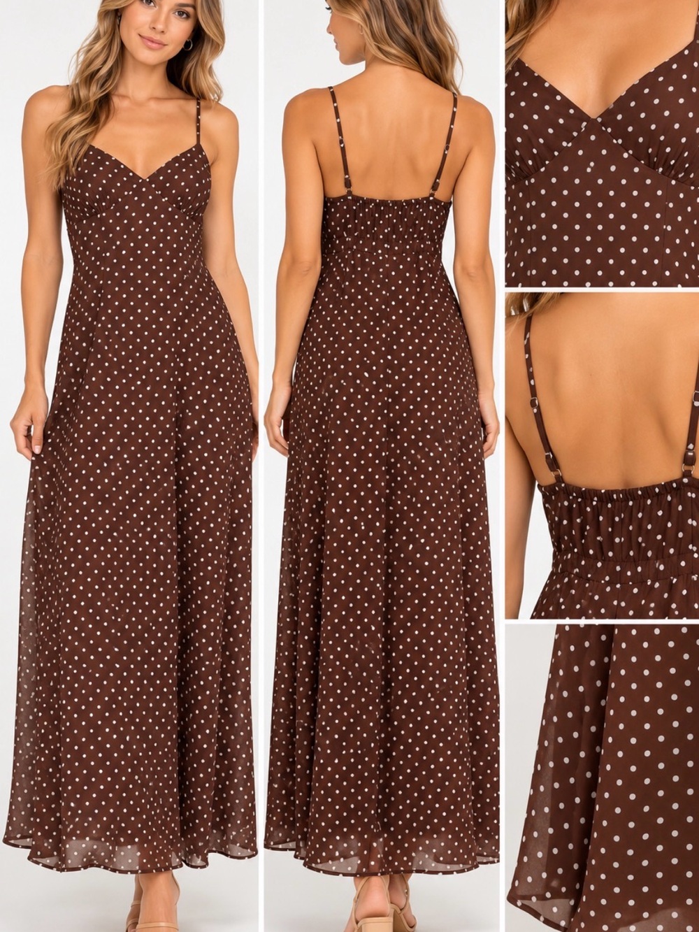 Rachel Paige NWT Size S Brown Polka Dot Maxi Slip Dress